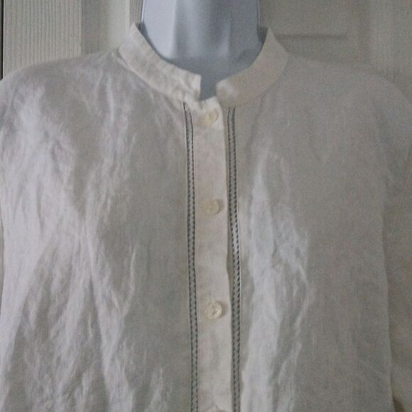 Sigrid Olsen off white 100% linen button down  casual business blouse Sz L EUC - Picture 3 of 6